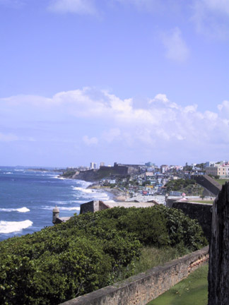 Looking back from El Morro, you can see La Perla, a not-too-desirable neighborhood (but it sure looks pretty).